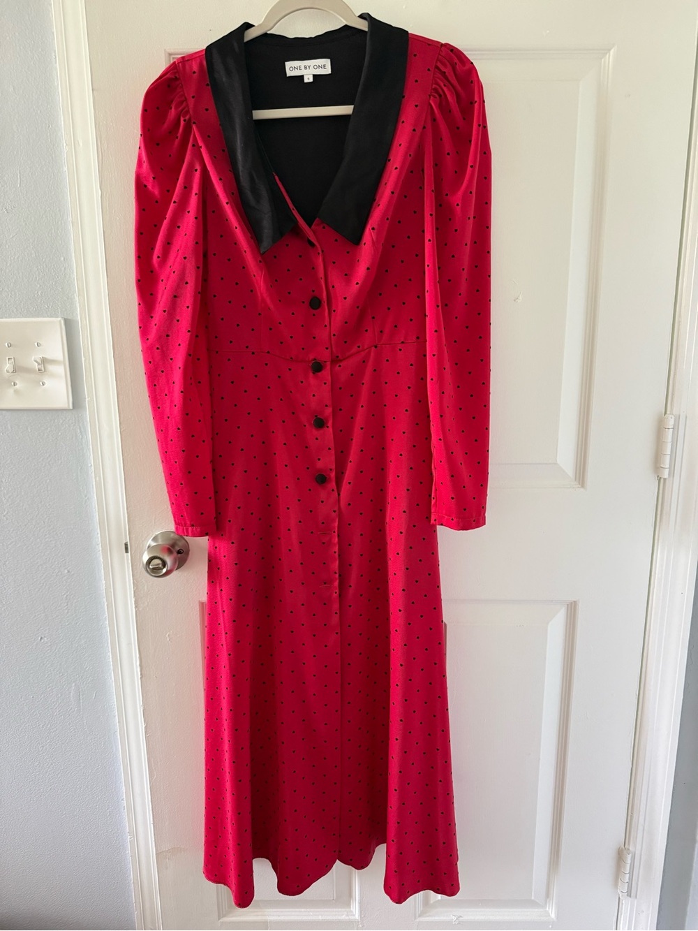 Red Long-Sleeve heart Dot Dress with Black Collar